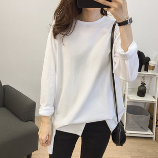 秋冬百搭宽松显h瘦中长款圆领白色T恤女韩版侧开叉长袖内搭打底衫