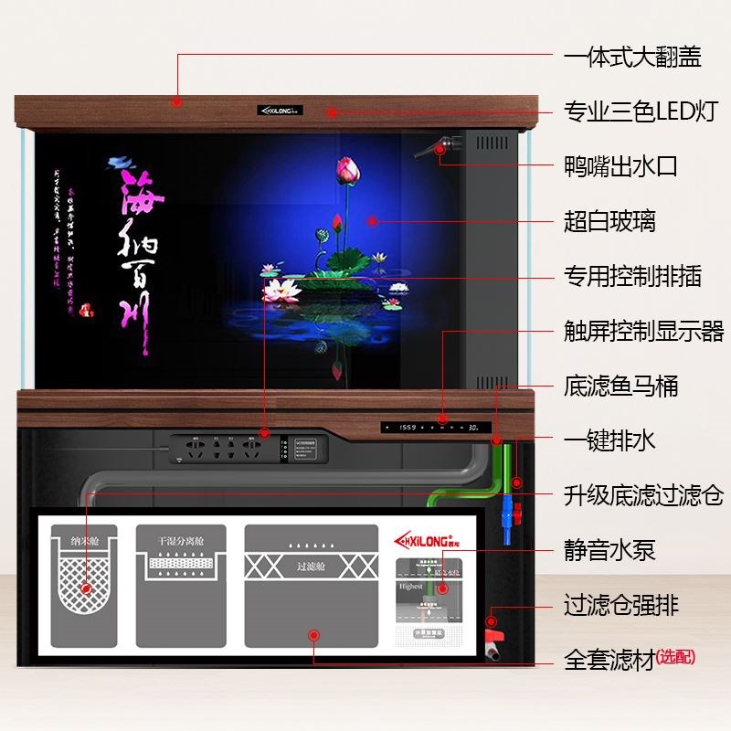 新中式大型超白鱼缸客厅家用水族箱下过滤底滤懒人免换水屏风隔断