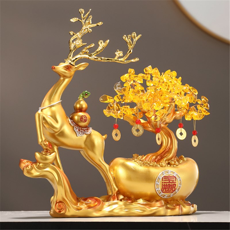 家用元宝树做生意办公室店铺开业礼品玄关客厅招财进宝鹿旺宅摆件