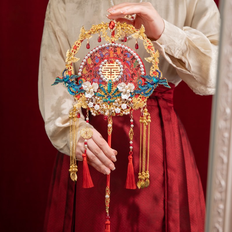 团扇结婚新娘diy材料包中式成品明制婚礼手工定制刺绣喜扇高级