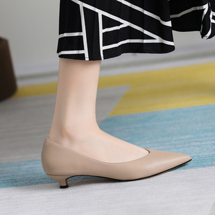 软皮裸色小跟单鞋 气质伴娘鞋 3cm 女百搭细跟尖头猫跟鞋 低跟高跟鞋