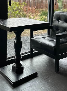 四人餐桌黑色纯实木中古圆形咖啡桌洽谈木质美式小方桌酒店边几