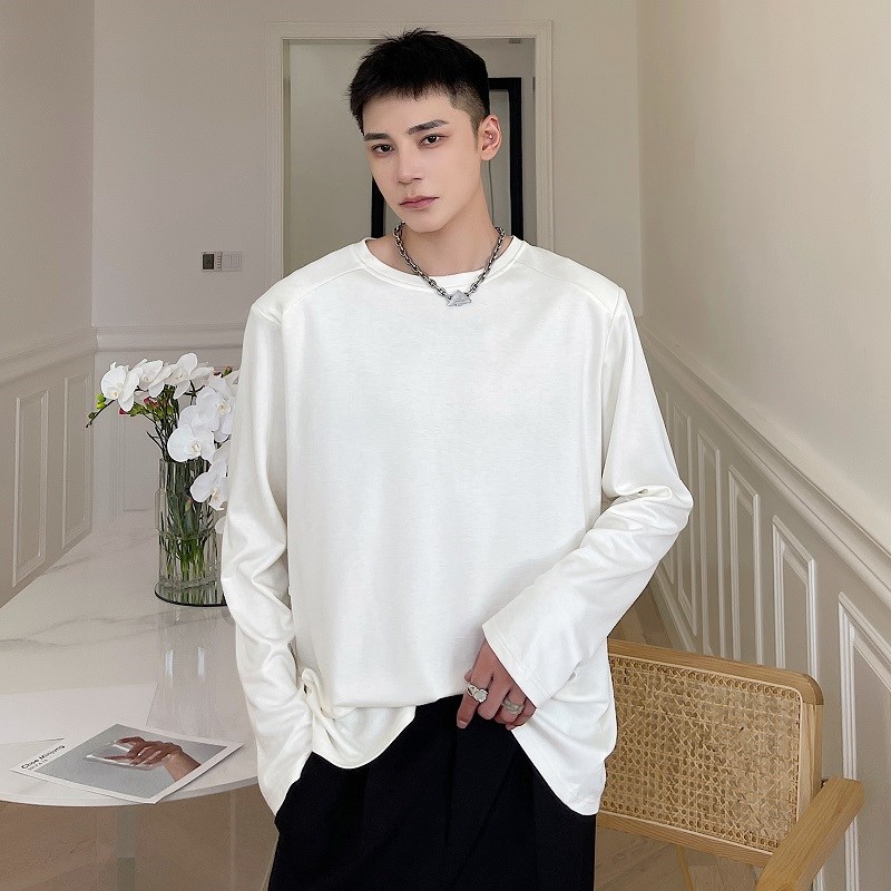 秋季ins禁欲系黑色T恤男长袖个性垫肩设计感韩版极简风百搭打底衫