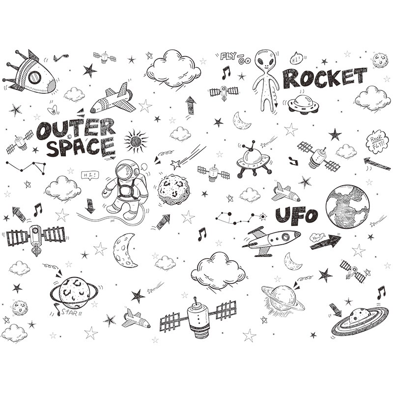 儿童房间墙布黑白简约壁画墙壁贴纸男孩主题壁布涂鸦墙纸太空壁纸