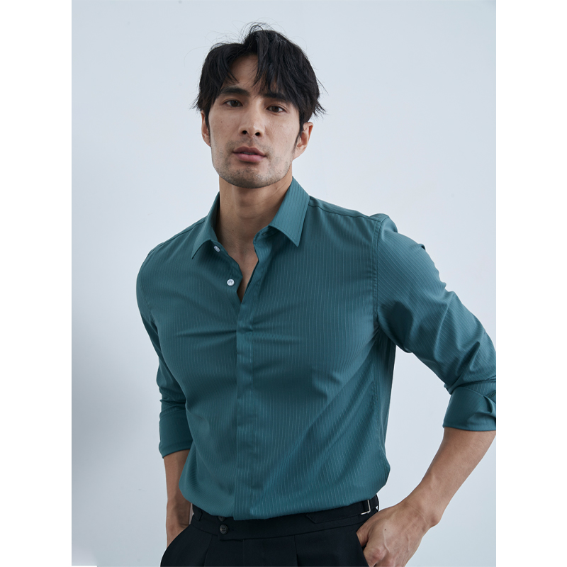 夏季商务绅士 显气质高级感细条纹衬衫绿色长袖免烫带弹力衬衣男