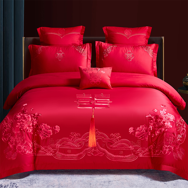 新品结婚庆大红色铺m盖床上四件套全棉纯棉L绣花被罩套床单式新婚