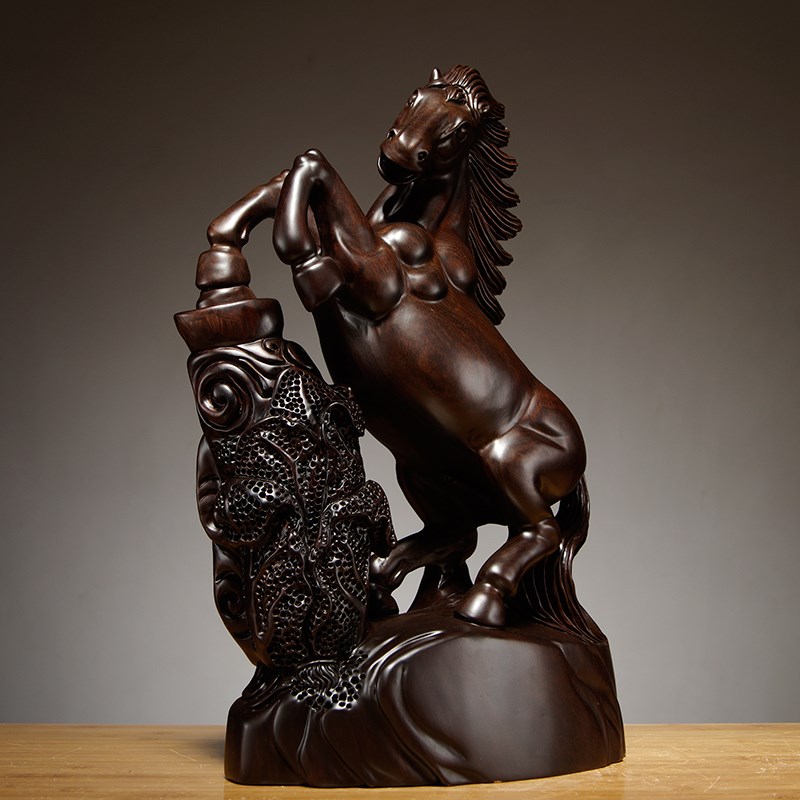 黑檀木雕马到成功摆件红木雕刻白菜生肖马工艺品家居装饰开业礼品