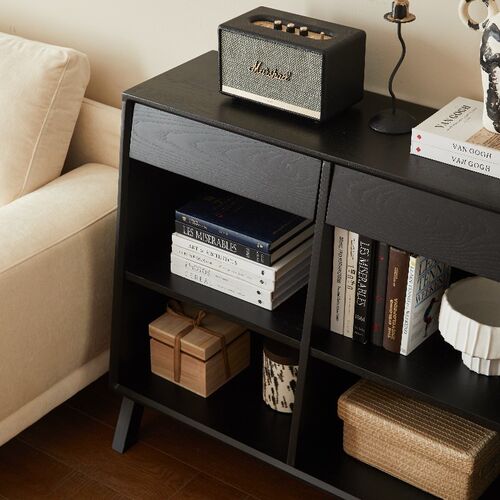 侘寂风黑色实木餐边o柜中古沙发边柜简约靠墙书柜入户玄关柜茶水