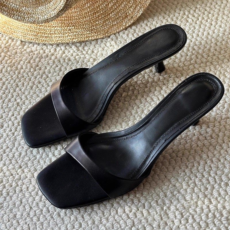 2024年夏季新款法式方头猫跟凉拖鞋露趾简约一脚蹬高跟拖鞋女外穿,女鞋,一字拖,淘宝优惠券,粉丝福利购,淘宝优惠卷