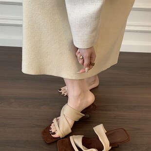 时尚百搭小众设计坡跟凉鞋法式小凉拖春夏女鞋露趾方头高跟凉拖鞋
