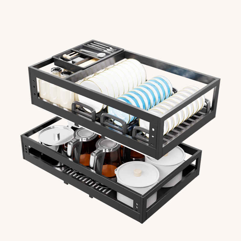 拉篮厨房橱柜304不锈钢双层抽屉式碗架收纳调味内置橱柜碗篮拉蓝