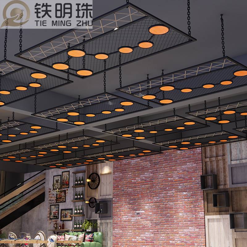 工业风吊顶餐厅铁艺隔断屏风酒店铁网天花板网格麻绳木条装饰定制