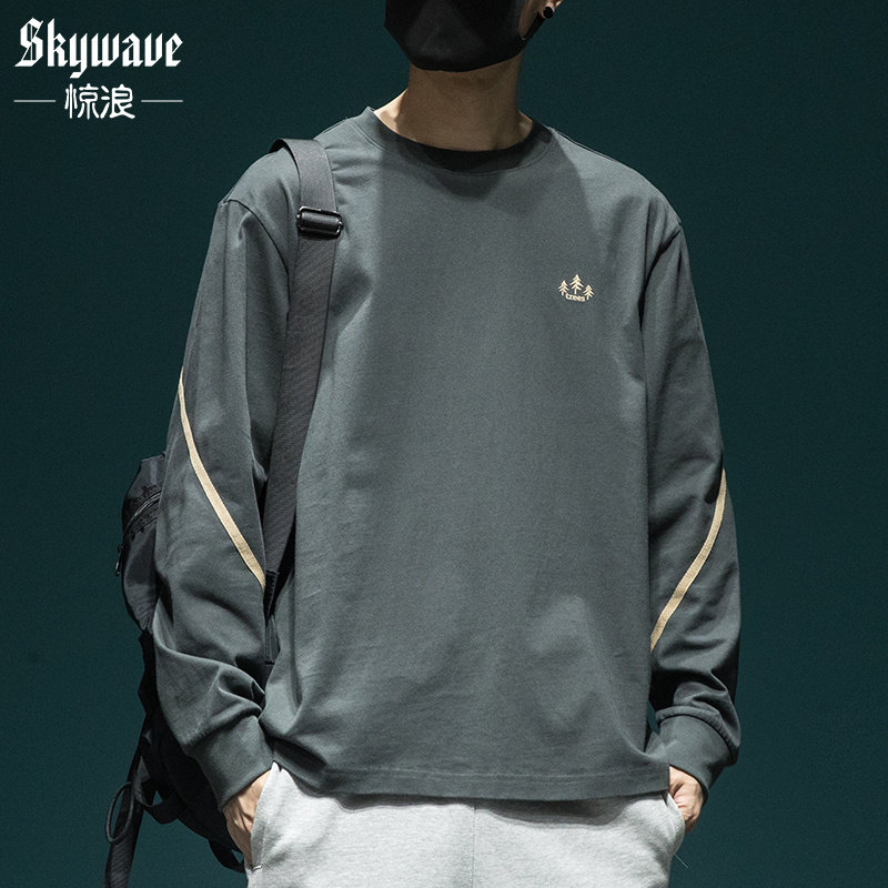 日系潮流刺绣T恤男圆领套头宽松加大码秋季长袖体恤衫纯棉打底衫,男装,T恤,淘宝优惠券,粉丝福利购,淘宝优惠卷