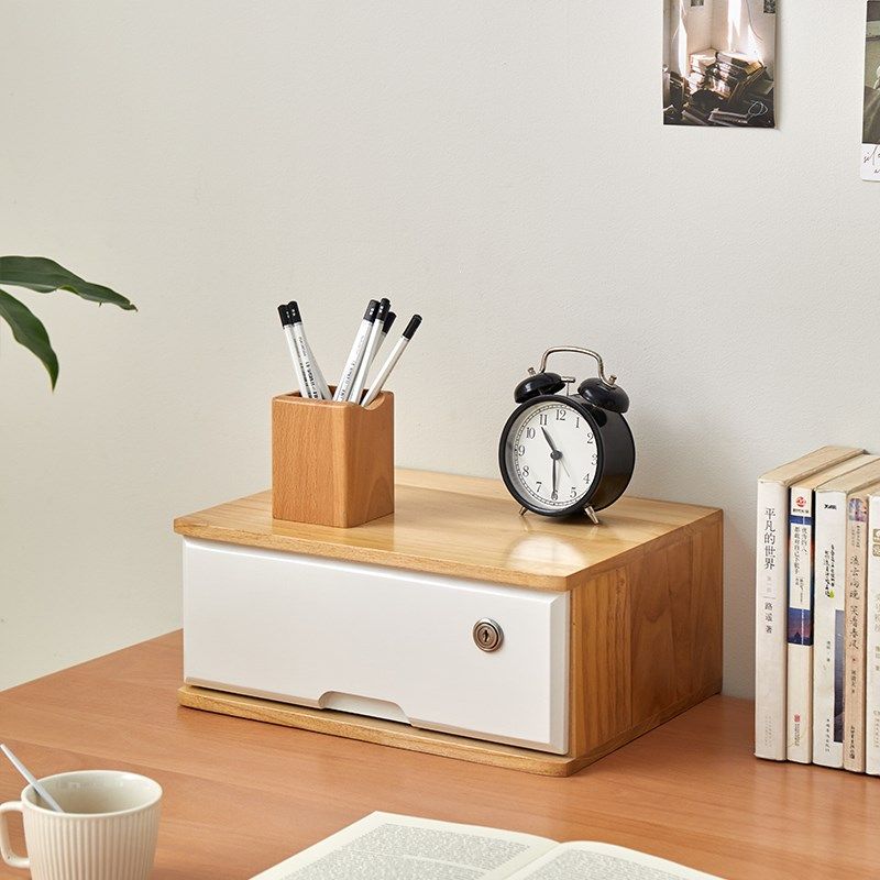 实木抽屉式带锁收纳盒大容量钱箱子办公文件柜宿舍桌面杂物整理柜