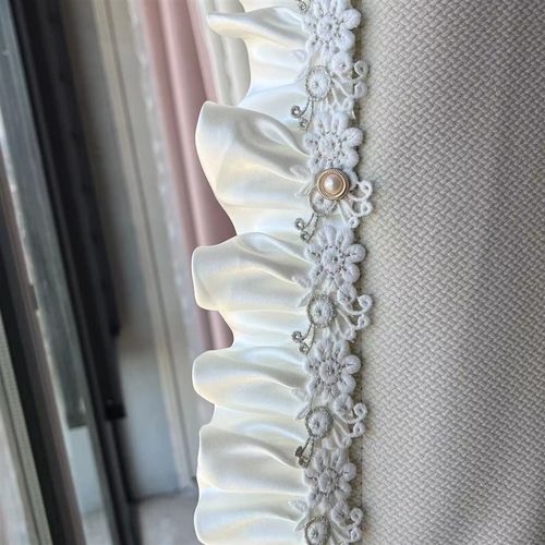 休莉窗饰新款法式浪漫拼接窗帘装饰花边米白色光泽绸缎拼漂亮小花