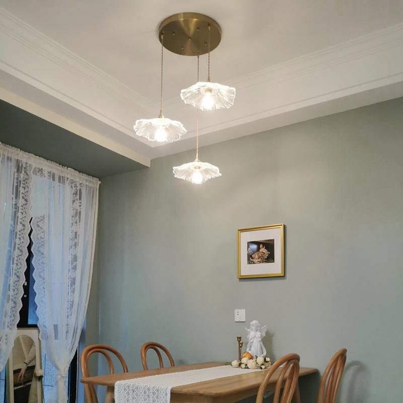 简约日式复古餐厅关阳台窗过道荷玄叶造型全铜玻璃卧吊灯飘8609-3