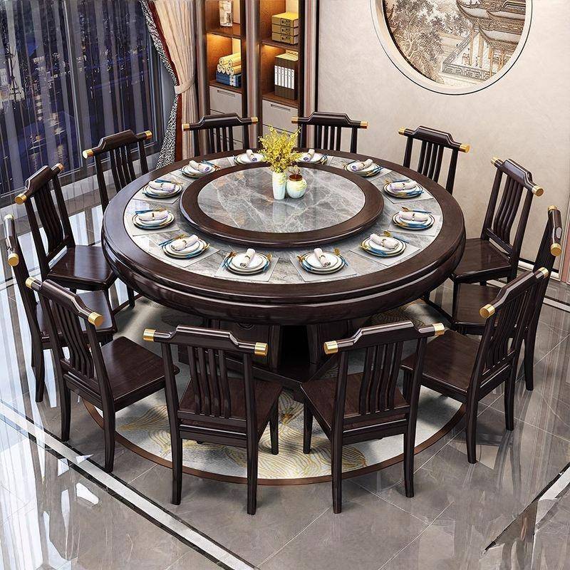 新中店式全实木岩板桌椅组合转盘家用商饭用高档饭酒餐店CGA桌大