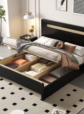 编藤实木床.8m现HZ-C10#代简约小户型1.5m家用法单双人式1储黑色物型婚床