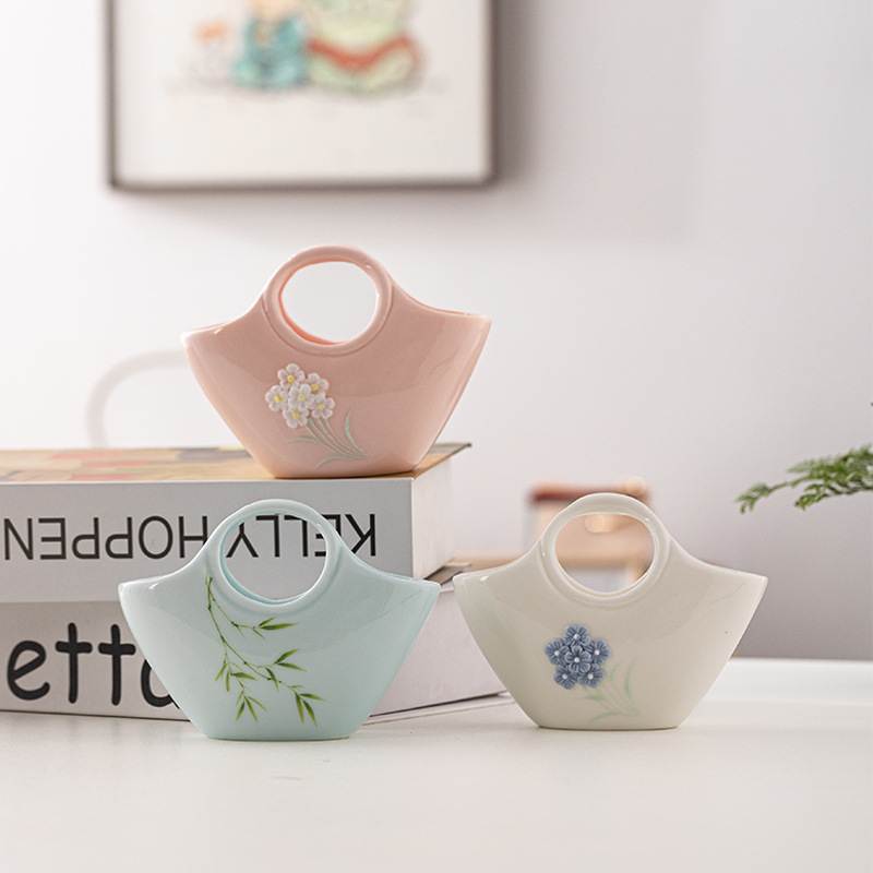 创意陶瓷收纳篮手提笔筒花器桌面摆件简约小清新茶桌书房客厅装饰