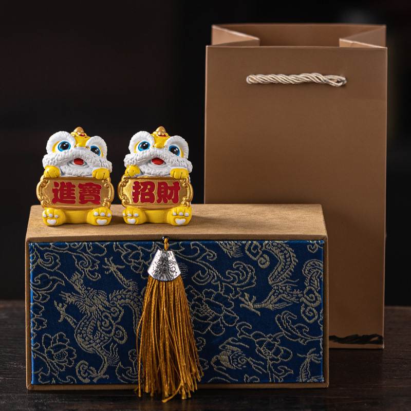 国潮醒狮招财进宝摆件喜庆舞狮创意礼品狮子玄关家居装饰礼盒套组