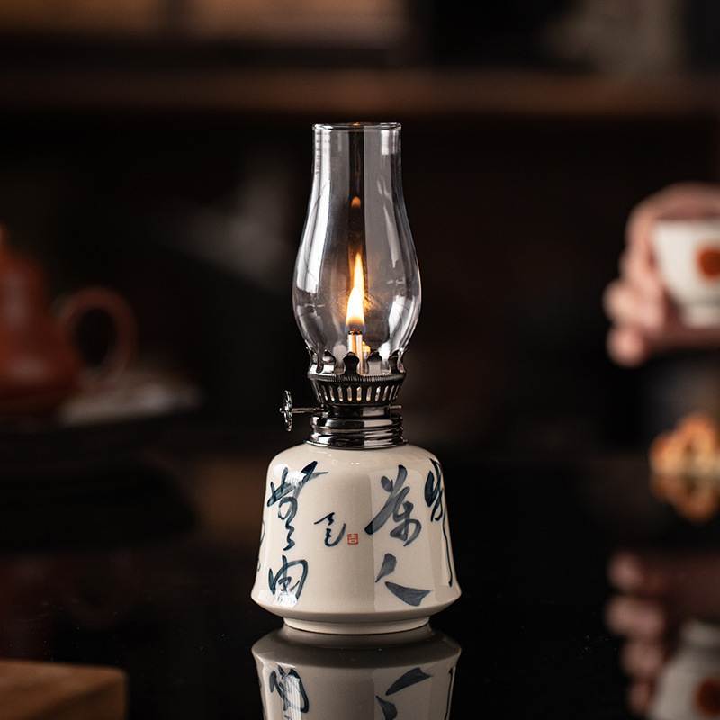 禅意复古手绘煤油灯摆件创意酥油灯陶瓷灯盏客厅书房卧室小夜灯具
