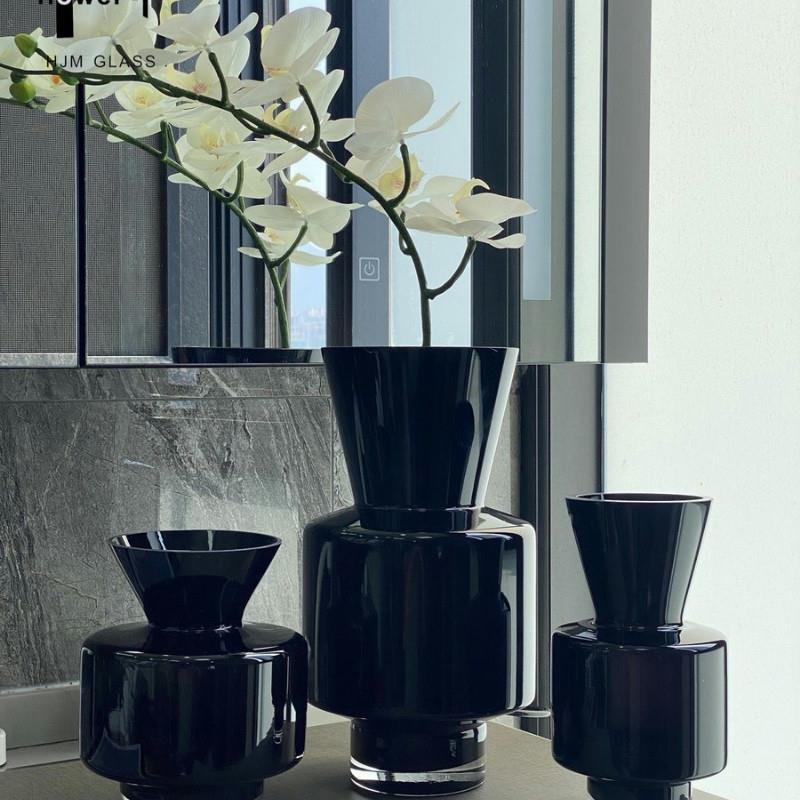 简约轻奢北欧客厅电视柜茶几玄关样板房创意几何黑色玻璃装饰花瓶