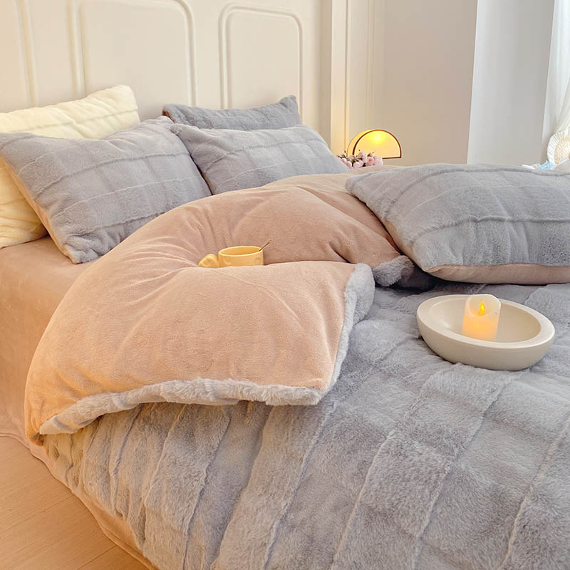 冬季兔兔绒床上四件n套加厚牛奶绒床单被套保暖双面法拉绒床笠