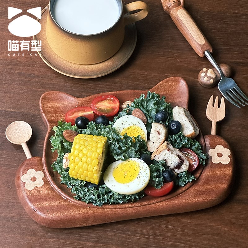喵有型可爱猫咪勺叉早餐好看的木质盘子少女心高颜值沙拉生日露营