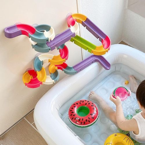 宝宝轨道鸭子滑滑梯儿童大颗粒DIY拼装洗澡戏水滚珠轨道积木玩具