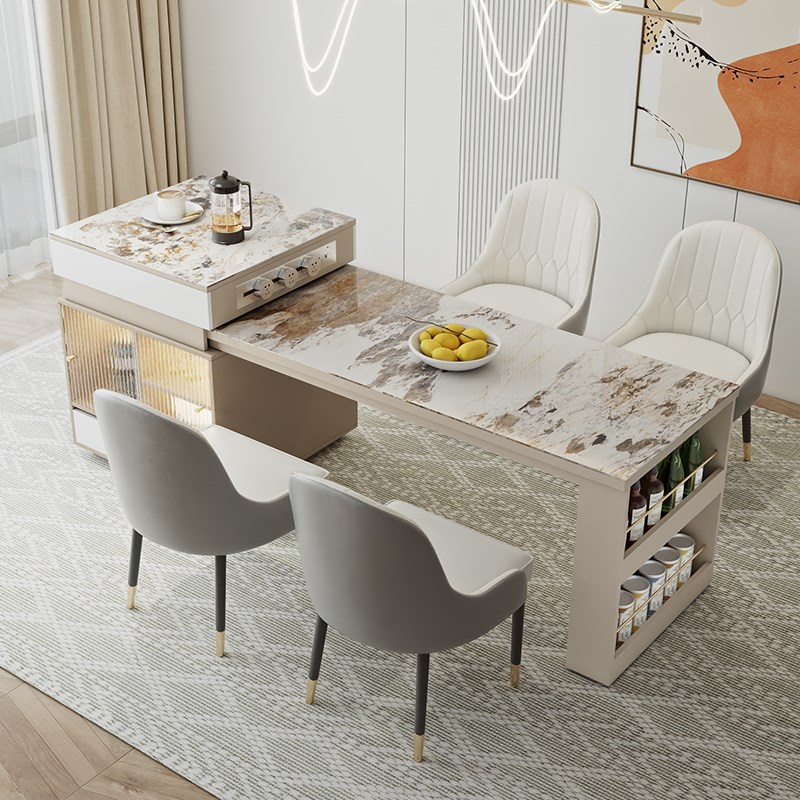 奶油风伸缩岩板岛台餐桌一体饭桌家用小户型开放式厨房餐桌椅组合
