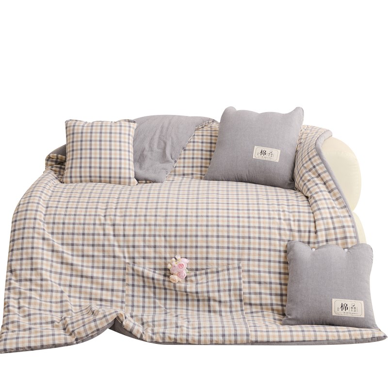 全棉口袋被!水洗棉格子抱枕被子两用车载午睡靠枕学生午休纯棉被