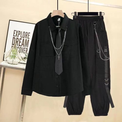 春秋新款男女学生套装韩版宽松黑色长袖衬衫+帅气工装裤两件套潮