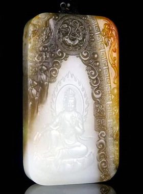 新疆和田玉羊脂玉佛祖观音挂件糖白玉观音菩萨青花玉意境山水吊坠