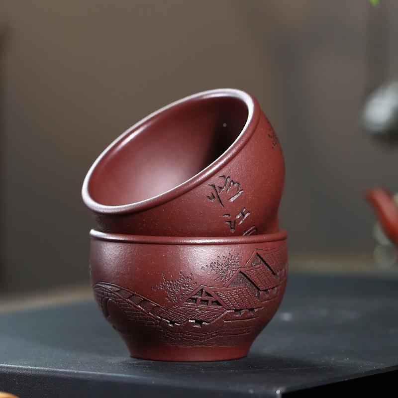 201004忆砂茶杯陈富才纯手全工紫镂刻紫泥忆主江南人杯