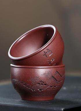 201004忆砂茶杯陈富才纯手全工紫镂刻紫泥忆主江南人杯