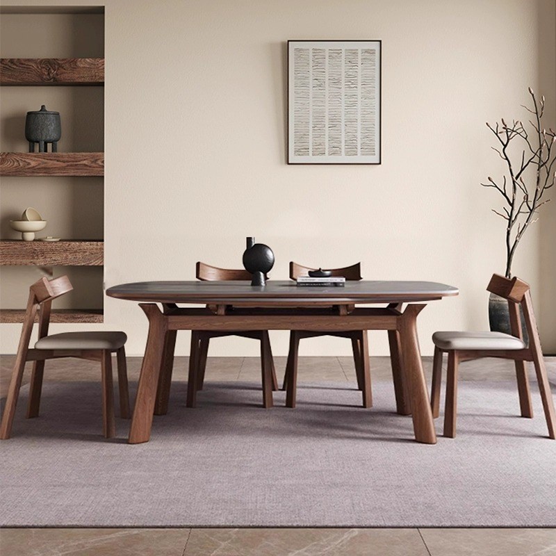 伸缩岩板餐d桌椅现代简约家用小户型可方变圆实木饭桌方圆两用餐