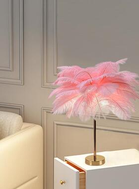 北欧白色浪漫卧床头羽毛LED台饰灯创自然6风室餐意厅书店装台灯