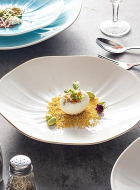盘子碟子菜盘家用汤盘深盘装菜西餐盘白色金边创意陶瓷餐具高级感