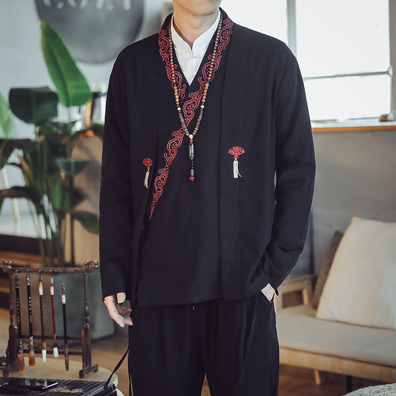 秋季中国风棉麻男刺绣唐装汉服复古日系开衫大码民族风潮男装道袍89.00元包邮