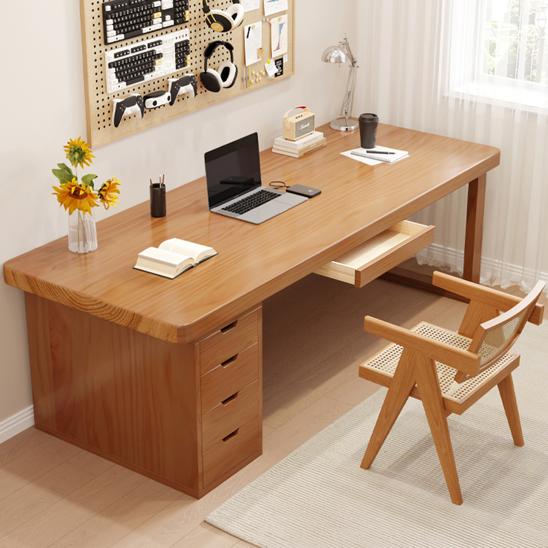 全实木书桌原木风带抽屉柜储物加高80cm电脑桌办公桌圆角学习桌子