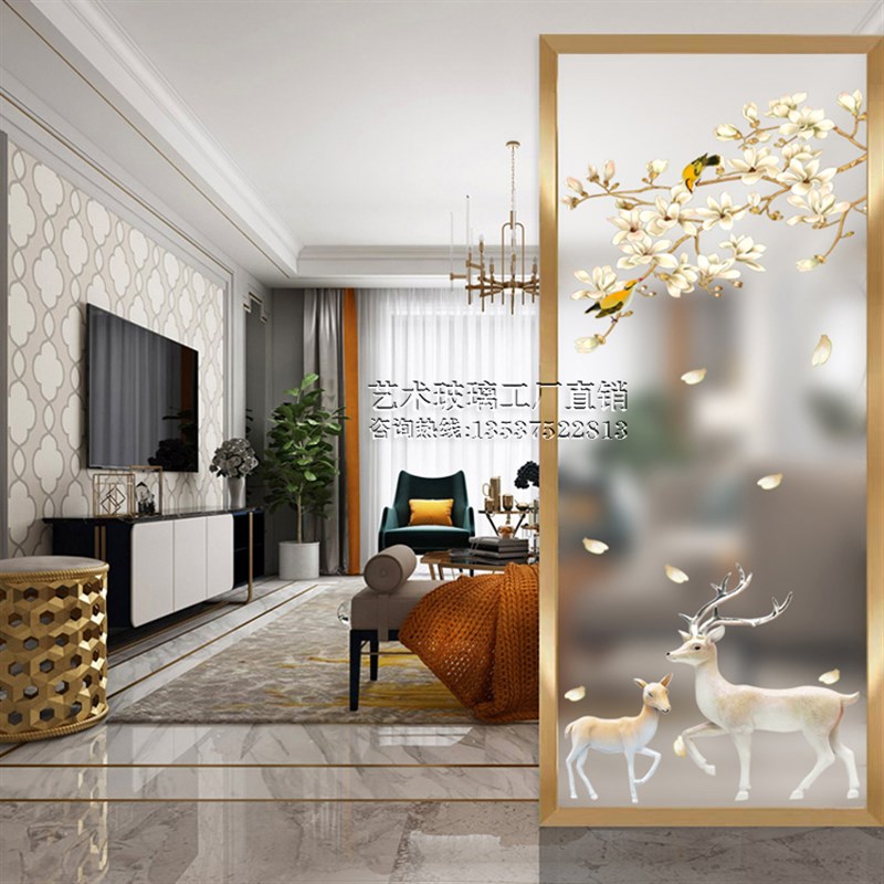 艺术玻璃定e制屏风过道隔断客厅双面磨砂透光彩绘高端经典发财鹿