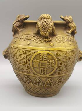 古玩铜器藏收铜包蟾聚宝盆进宝四方来财DHJ金造型精美浆润泽