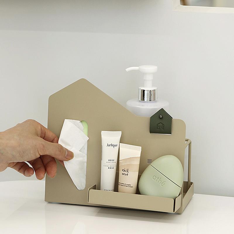 小房巾子造型多功能HM2309收纳架桌面纸奶茶色纸巾架铁艺钥匙盒收