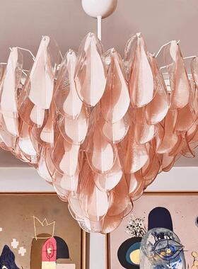 拉诺法12442式手厅工粉色花瓣玻璃吊灯穆中古卧室灯式客厅灯餐美