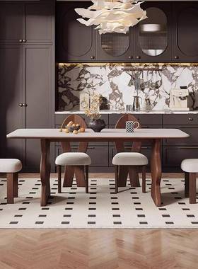 法式复白古CZ-007实家木长形涟漪饭桌蜡木小户型岩板餐桌餐厅方用