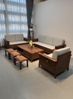 新中式冬黑胡桃木沙发组合夏两用现极SF-030简客实木三人代位沙发