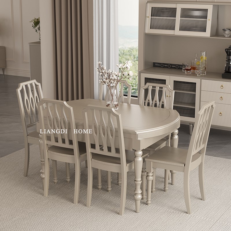 美式轻奢实木香槟色餐桌椅子组合伸缩折叠圆桌O现代客厅6人8人桌