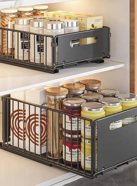 厨房置架橱柜收内抽拉式拉篮下UNW槽单层调料架滑轨抽屉物水分层