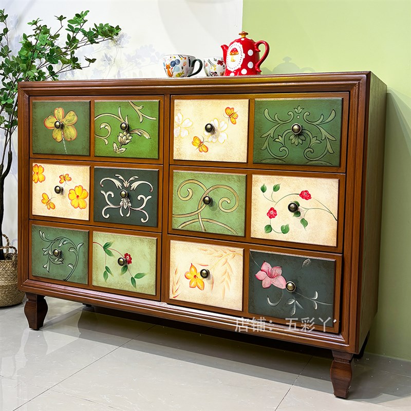美式乡村实木斗柜彩绘复古做x旧客厅卧室收纳储物抽屉五斗橱玄关