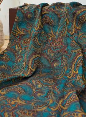 纹复古湖布蓝色花图案金丝提花料中国风浮肌理雕礼服装饰色织BF-G